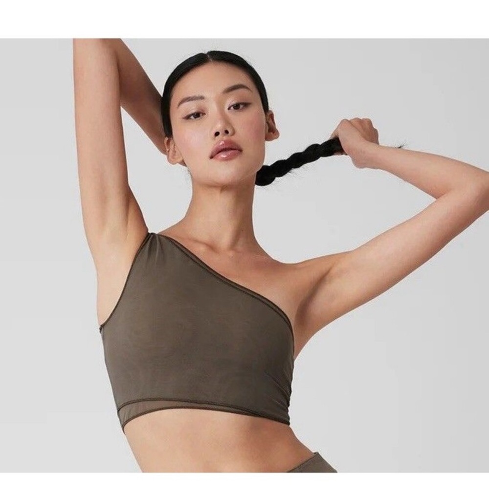 Alo Yoga Mesh Sheer Illusion Tank Women’s Medium Olive Tree One Shoulder Crop